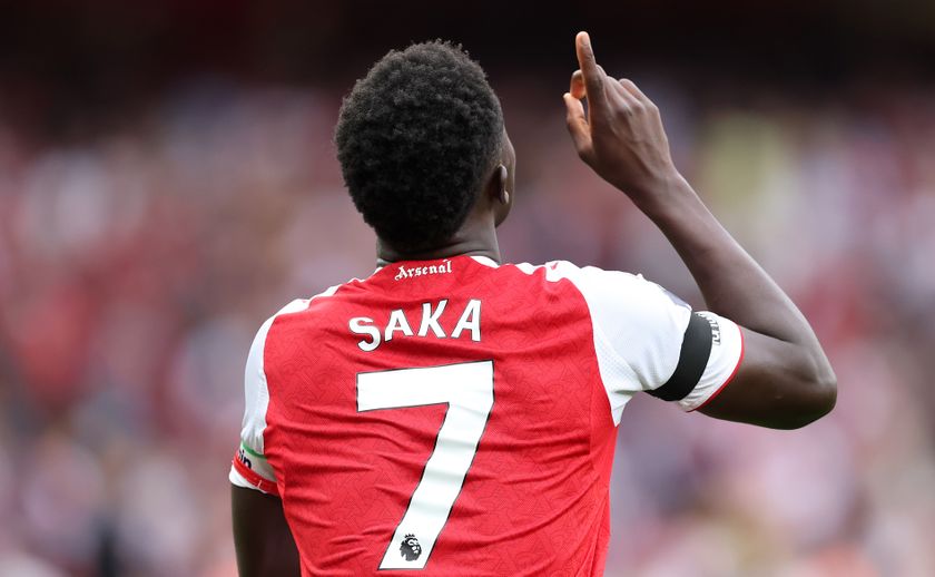 Bukayo Saka of Arsenal celebrates scoring his team's second goal during the Premier League match between Arsenal and Leeds United at Emirates Stadium on August 23, 2025 in London, England.