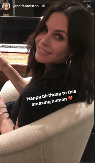 Screenshot of an Instagram story message by Jennifer Aniston wishing Courteney Cox a happy birthday.