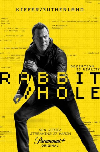 Rabbit Hole promo poster with Kiefer Sutherland running against a yellow background