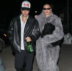 Hailey Bieber in fur coats by Ferragamo