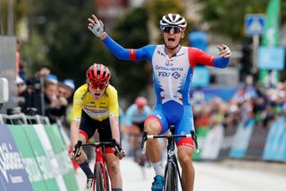 LUXEMBOURG LUXEMBOURG SEPTEMBER 17 Valentin Madouas of France and Team Groupama FDJ celebrates at finish line as stage winner ahead of Mattias Skjelmose Jensen of Denmark and Team Trek Segafredo Yellow Leader Jersey during the 82nd Skoda Tour Luxembourg 2022 Stage 5 a 1784km stage from Mersch to Luxembourg on September 17 2022 in Luxembourg Luxembourg Photo by Bas CzerwinskiGetty Images