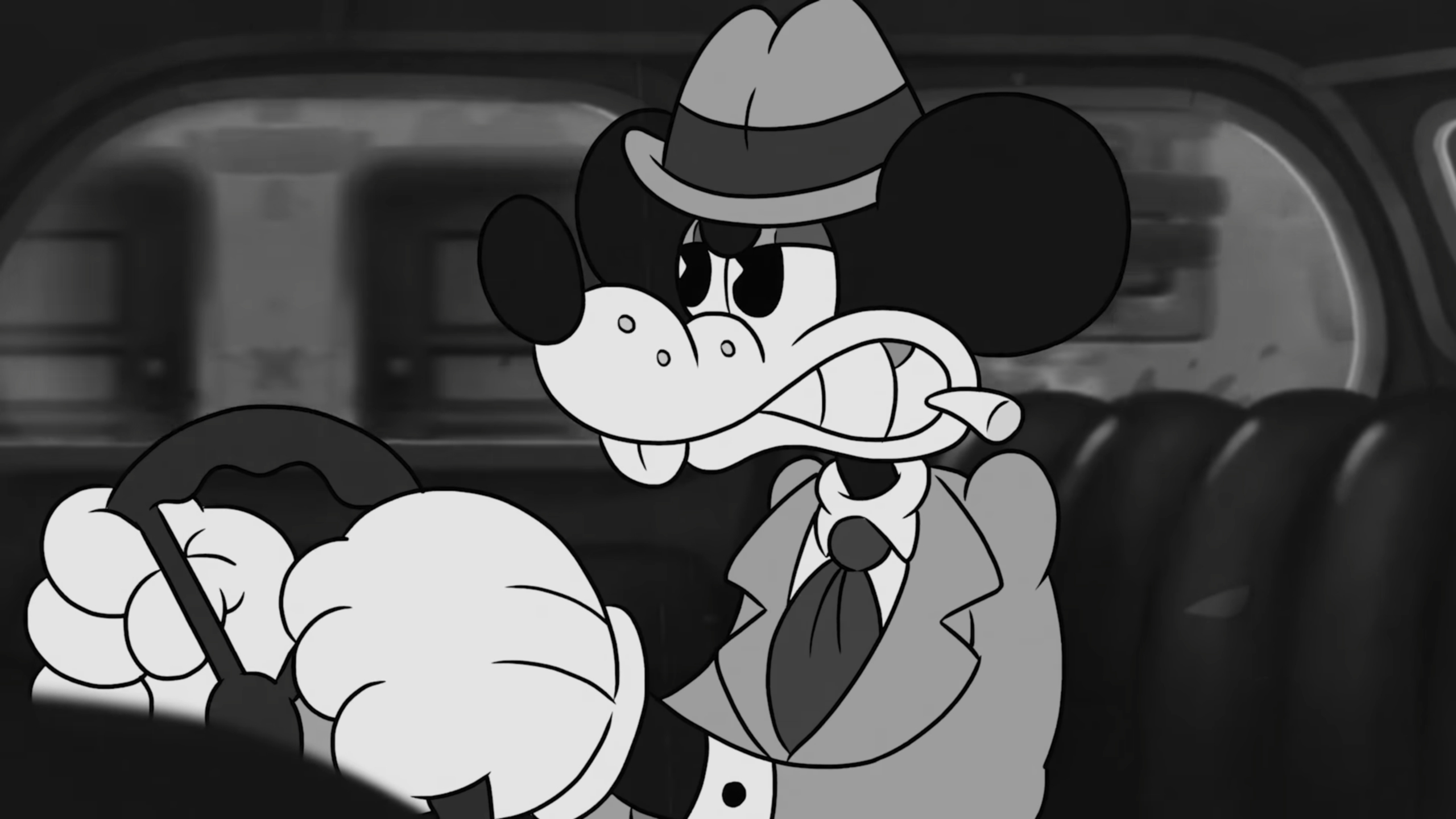 The mouse private investigator, Jack Pepper, clenching his teeth and driving in Mouse: PI for Hire