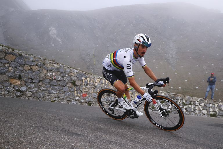 Julian Alaphilippe riding in the Pyrenees at the Tour de France 2021