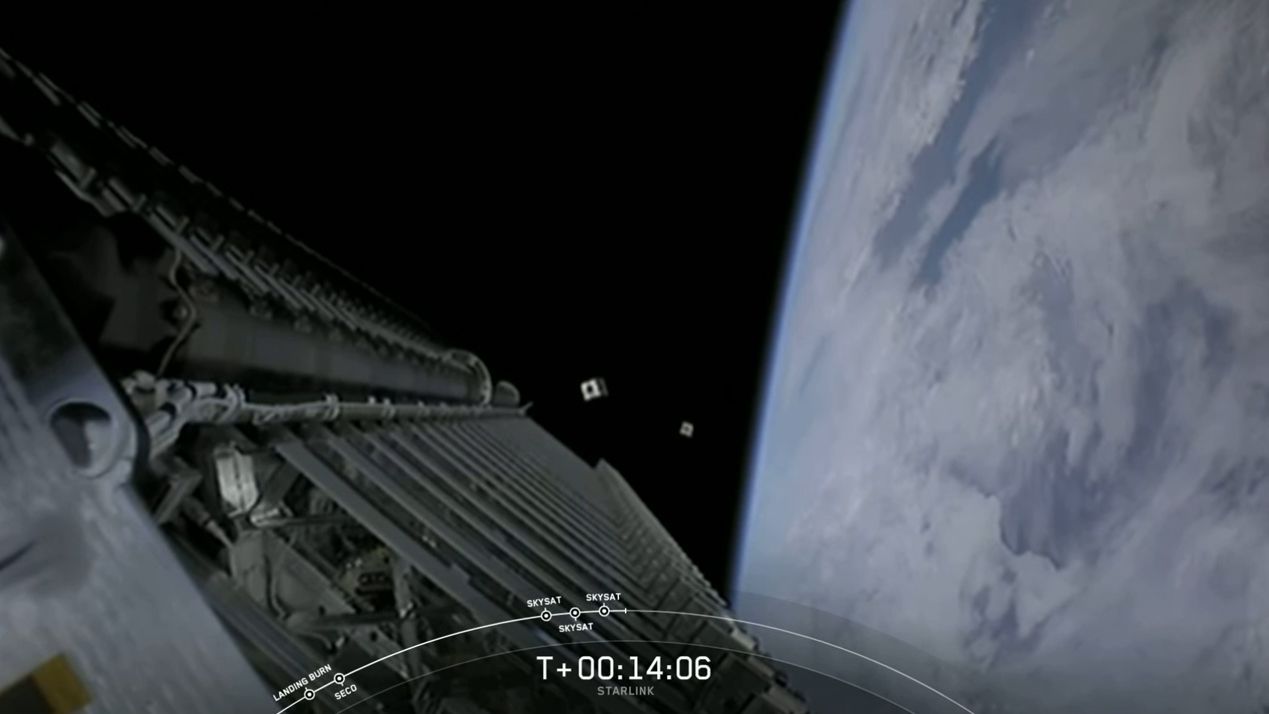 A SpaceX Falcon 9 rocket streaks into space in this dazzling view of the Starlink 8 launch that sent 58 Starlink satellites and three Planet SkySats into orbit before dawn from Cape Canaveral Air Force Station in Florida on June 13, 2020.