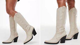 White cowboy boots in a model against a white background