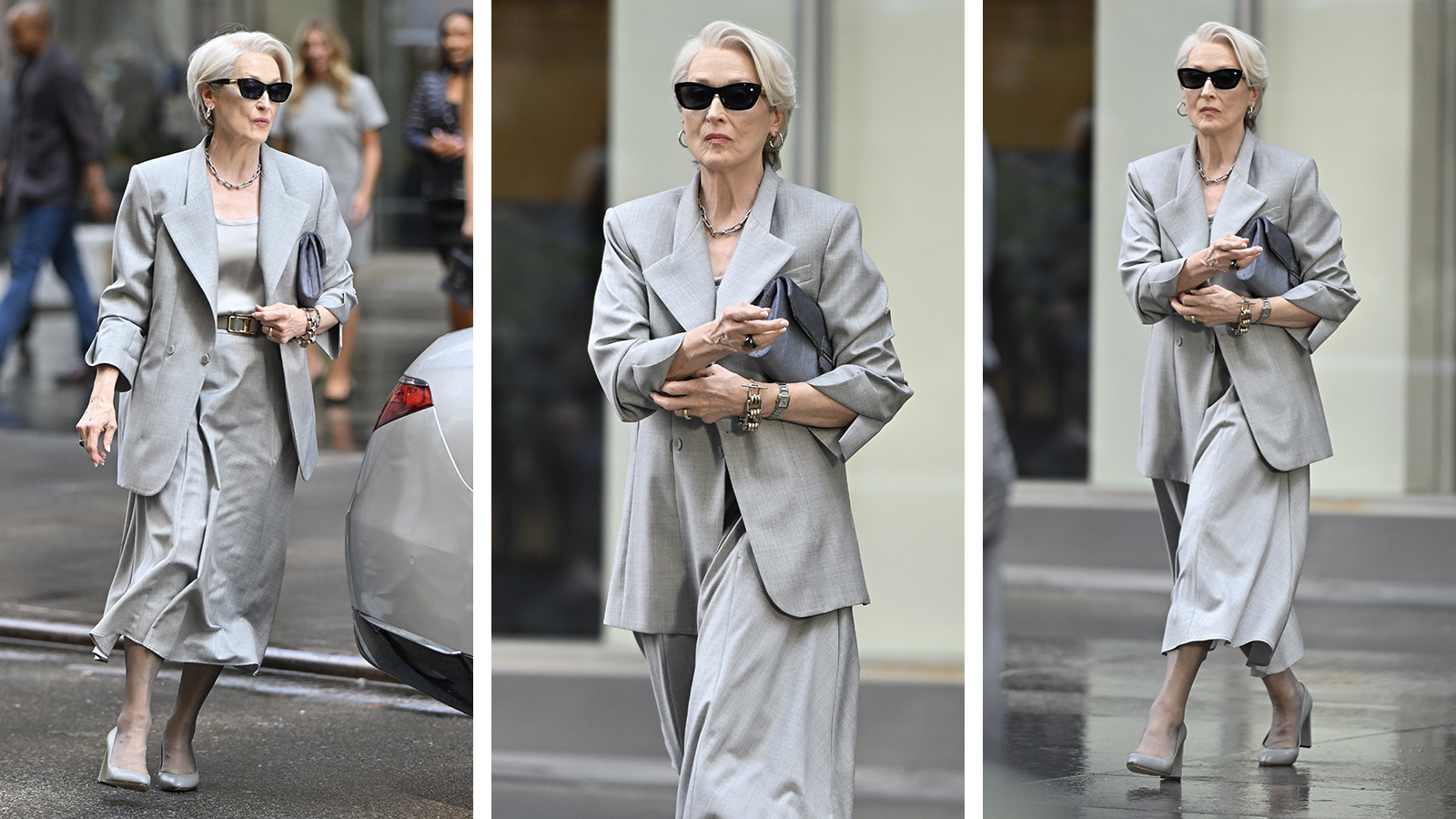 Meryl Streep wearing a grey skirt suit on set for Devil Wears Prada 2