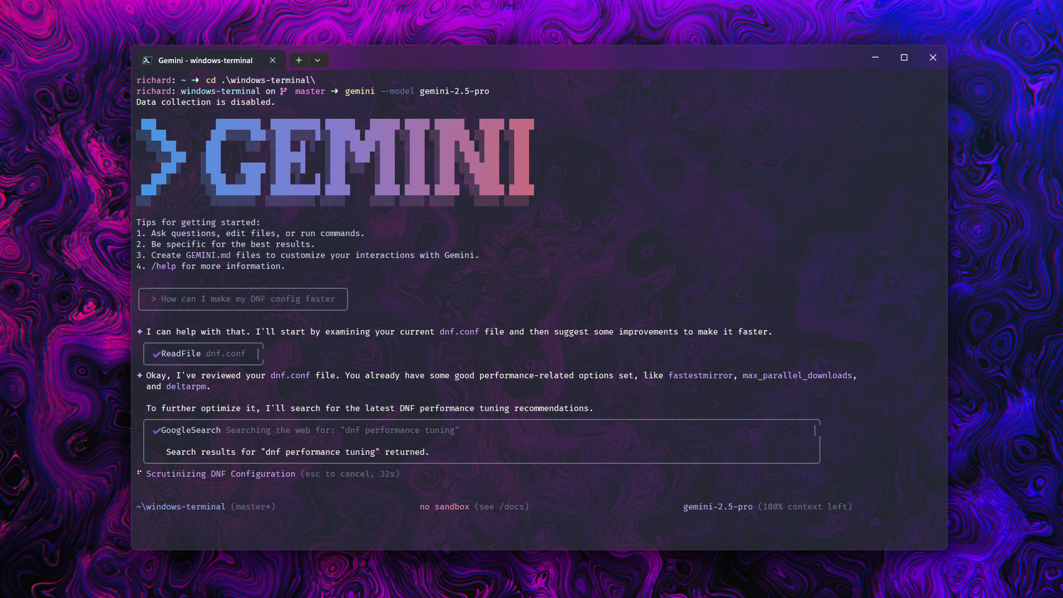 Using Gemini 2.5 Pro in the command line and in VS Code with a free account.