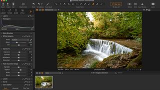 Image shows a photo of a waterfall being edited in Capture One Pro 23
