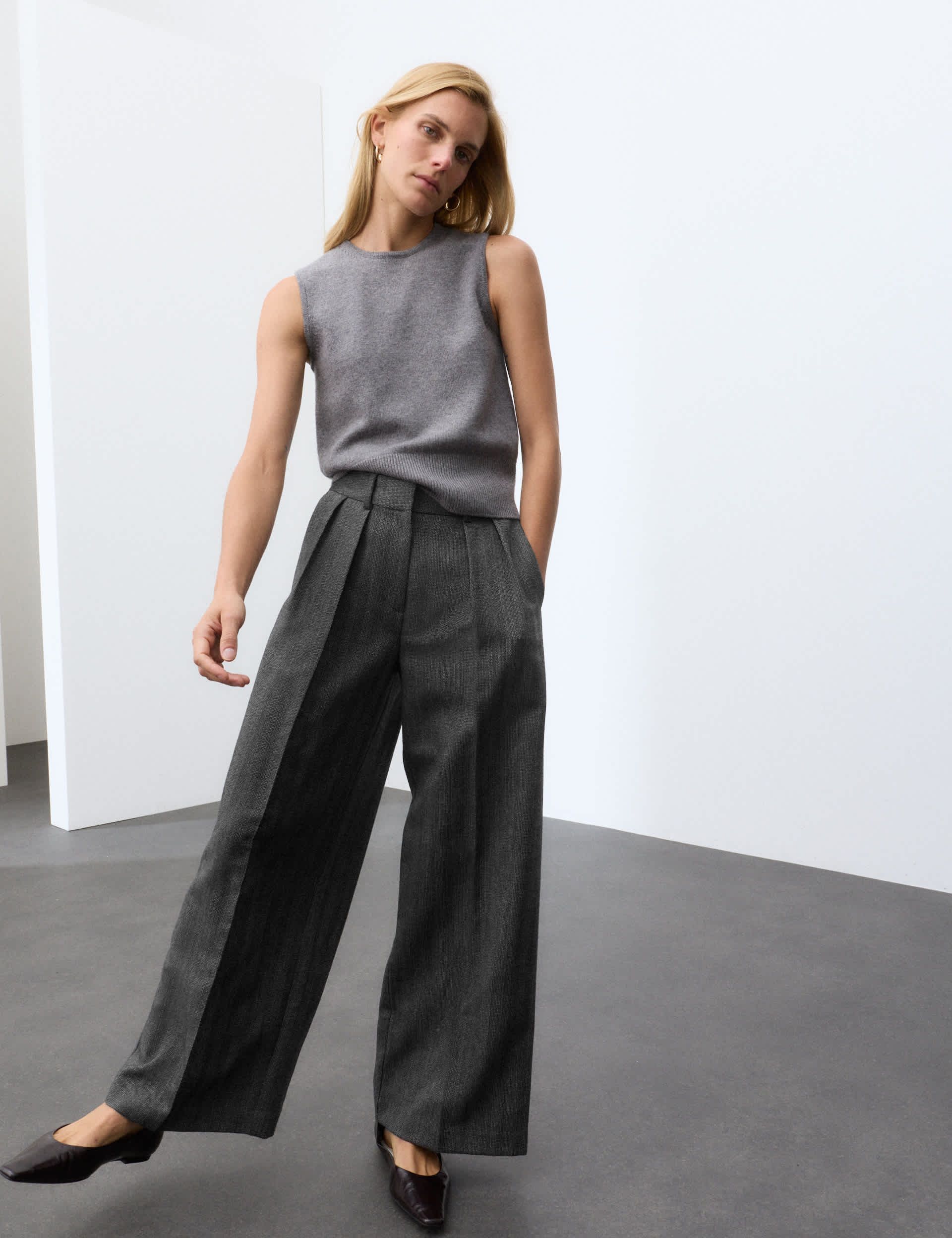 Pure Wool Herringbone Wide Leg Trousers