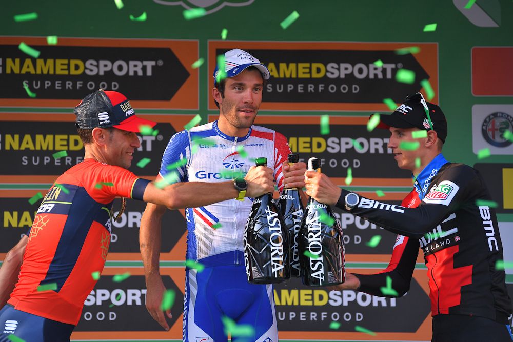 Teuns, Pinot and Nibali on the Il Lombardia podium