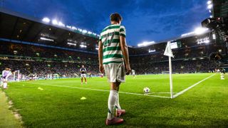 Celtic's Arne Engels takes a corner kick during a Premier Sports Cup Second Round match between Celtic and Falkirk at Celtic Park, on August 15, 2025, in Glasgow, Scotland. 