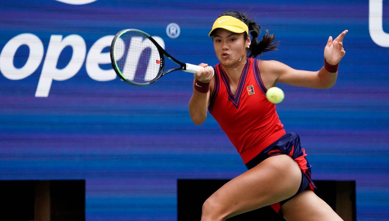 Britain&#039;s Emma Raducanu hits a return to US player Shelby Rogers during their 2021 US Open Tennis tournament women&#039;s singles fourth round match at the USTA Billie Jean King National Tennis Center in New York, on September 6, 2021.