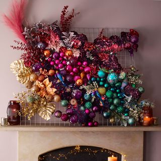 bauble wall with art display and candle
