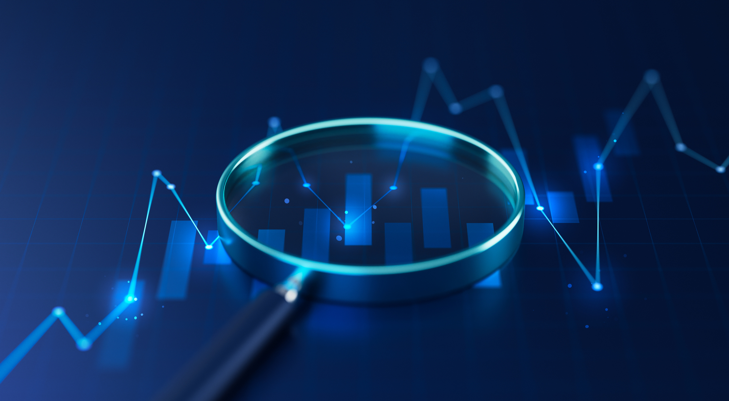 blue stock market screen with a magnifying glass in the middle