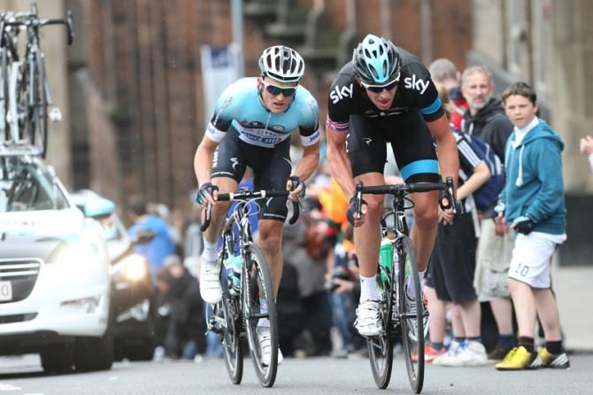 Ian Stannard (Team Sky) puts the work in on the front with Andy Fenn (Omega Pharma / Quickstep)