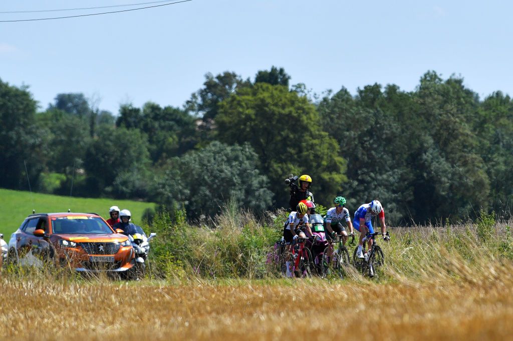 BOURGENBRESSE FRANCE JULY 29 LR Georg Steinhauser of Germany and Team Germany U23 Josu Etxeberria Azpilikueta of Spain and Team Caja RuralSeguros RGA Antoine Duchesne of Canada and Team Groupama FDJ in the Breakaway during the 33rd Tour de lAin 2021 Stage 1 a 1391km stage from Parc des Oiseaux to BourgenBresse 237m tourdelain on July 29 2021 in BourgenBresse France Photo by Luc ClaessenGetty Images