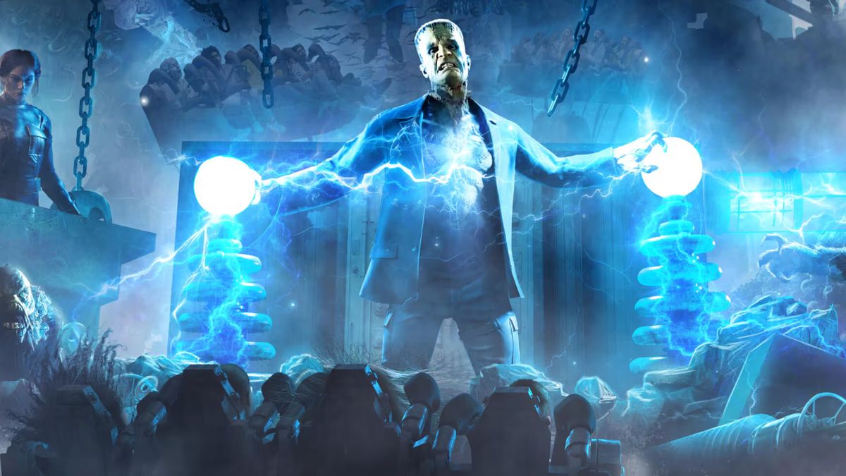 Frankenstein&#039;s monster struggles during an experiment in concept art for Monsters Unchained: The Frankenstein Experiment. 