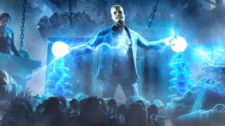 Frankenstein's monster struggles during an experiment in concept art for Monsters Unchained: The Frankenstein Experiment. 