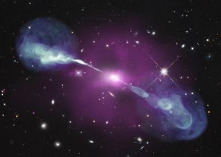 In X-ray light, a giant purple cloud can be seen in the center of the Hercules A galaxy. The cloud is being heated to multimillion degrees by energy generated by the infall of matter into the hungry black hole at the galaxy's center. This supermassive bla