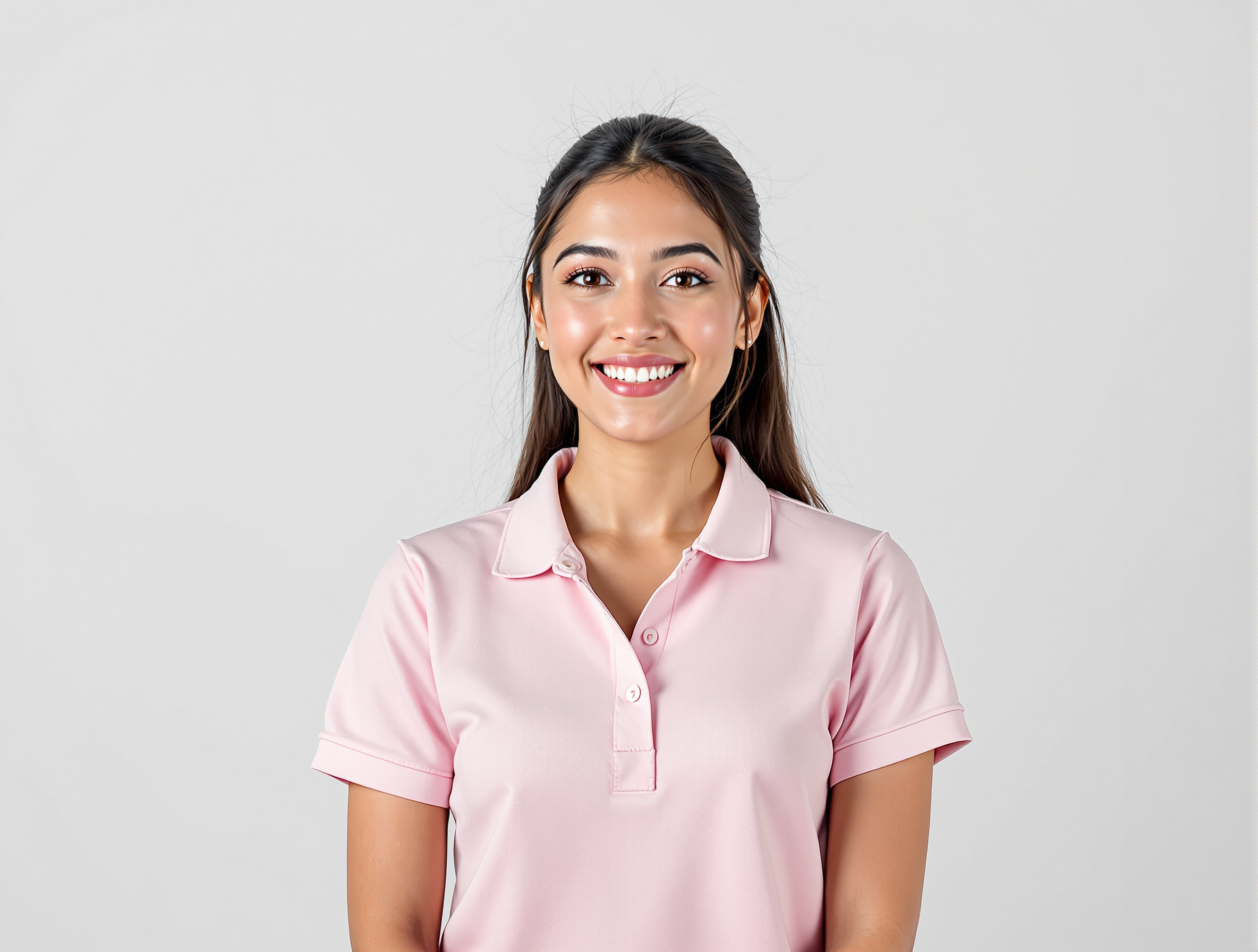 Isabella is a woman with long dark brown hair, pictured smiling brightly and wearing a pink three-button work shirt against a light gray background