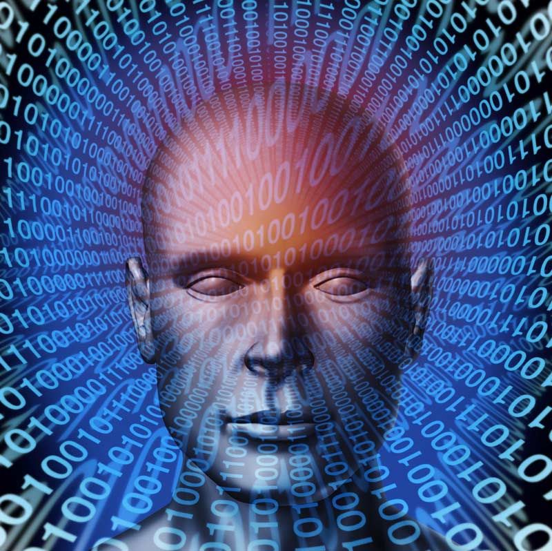 a human head and digital binary code background as a symbol of internet fraud and data protection from ID criminals.