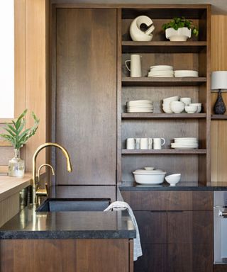 dark wood kitchen cabinetry in a contemporary home with minimalist accessories and decor