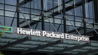HPE logo above a glass-fronted office building