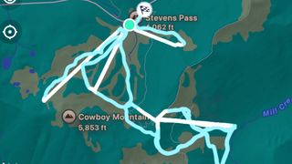 Post-snowboard riding map showing lift time and riding time