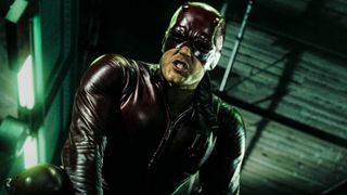 Ben Affleck in his infamous dark red leather Daredevil costume in the titular film (2003).