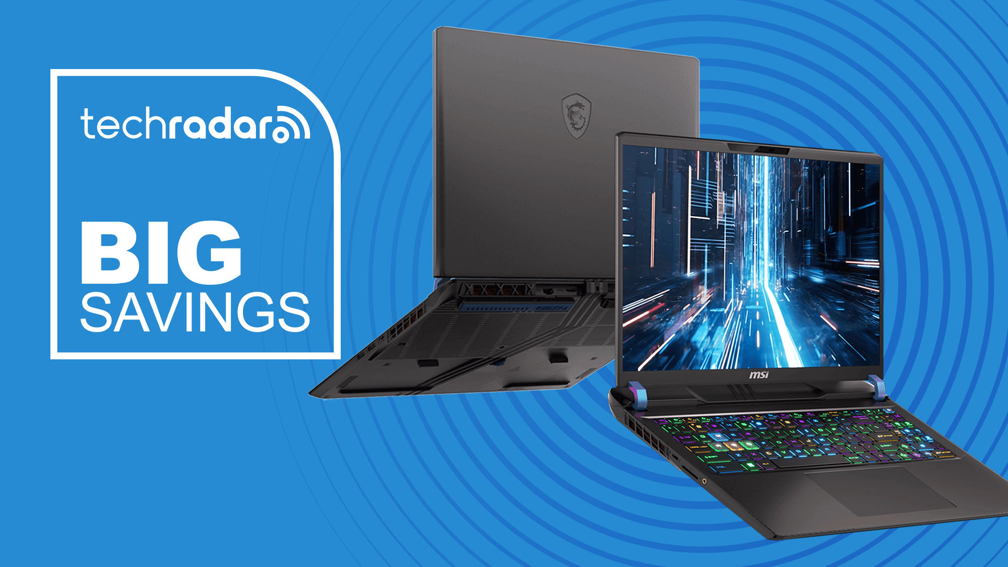 MSI Vector A16 RTX 5070 Ti gaming laptop on blue background with TechRadar big savings sign