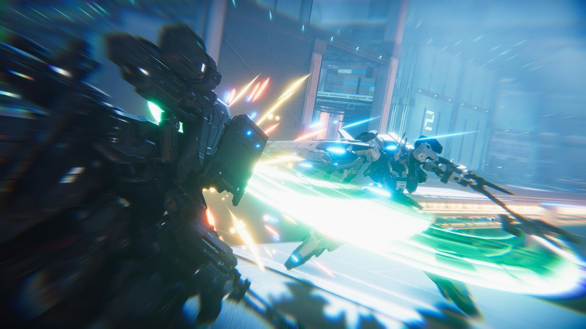 mech with beam sword squaring off