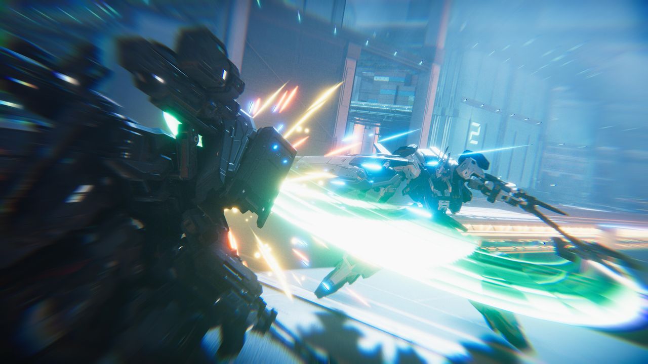 mech with beam sword squaring off