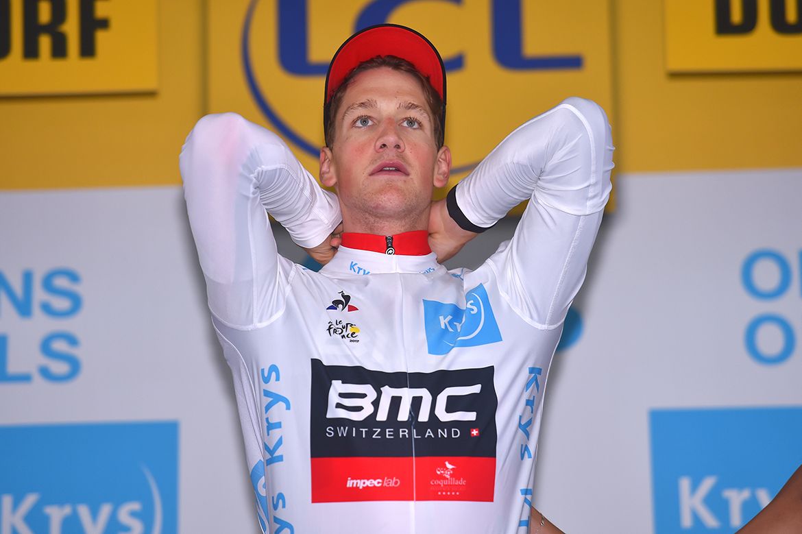 Stefan K&uuml;ng wears the best young rider's jersey after stage 1 of the Tour de France