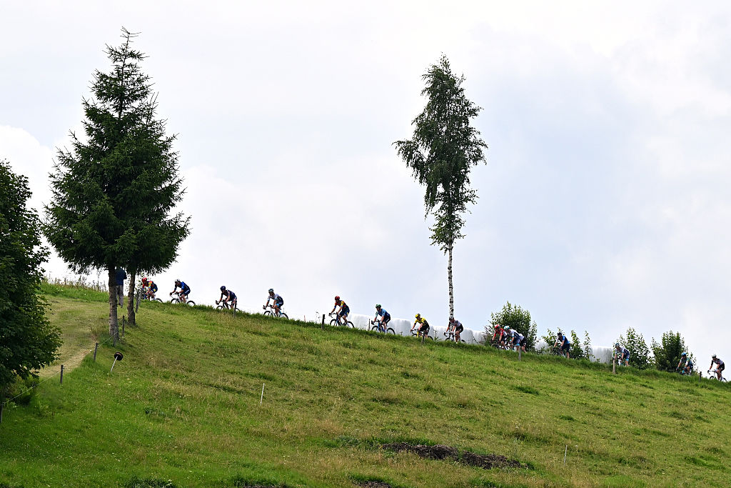 BUKOWINA TATRZANSKA, POLAND - AUGUST 09: A general view of the peloton competing during the 82nd Tour de Pologne 2025, Stage 6 a 147.5km stage from Bukowina Resort to Bukowina Tatrzanska 943m / #UCIWT / on August 09, 2025 in Bukowina Tatrzanska, Poland. (Photo by Luc Claessen/Getty Images)