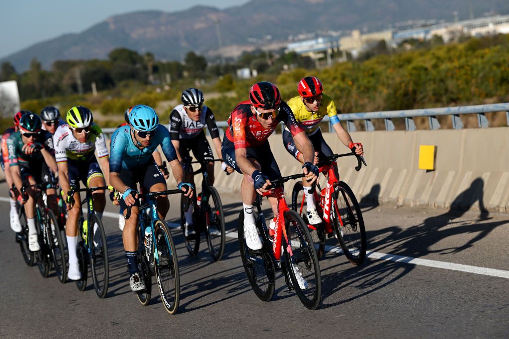 VALENCIA SPAIN FEBRUARY 05 LR Aleksandr Vlasov of Russia and Team BORA Hansgrohe Rui Costa of Portugal and Team Intermarche Circus Wanty Samuele Battistella of Italy and Astana Qazaqstan Team Giulio Ciccone of Italy and Team Trek Segafredo Yellow Leader Jersey and Tao Geoghegan Hart of The United Kingdom and Team INEOS Grenadiers compete in the breakaway during the 74th Volta a la Comunitat Valenciana 2023 Stage 5 a 932km stage from Paterna to Valencia on February 05 2023 in Valencia Spain Photo by Dario BelingheriGetty Images
