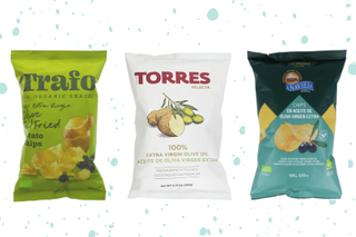 Cut-outs of Trafo, Torrres and Anavieja extra virgin olive oils crisps