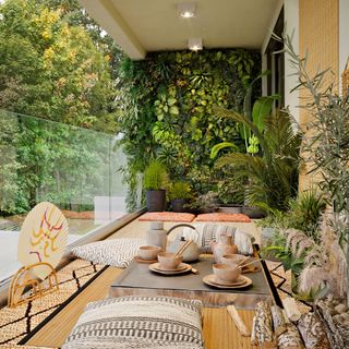 balcony garden with living wall and potted plants