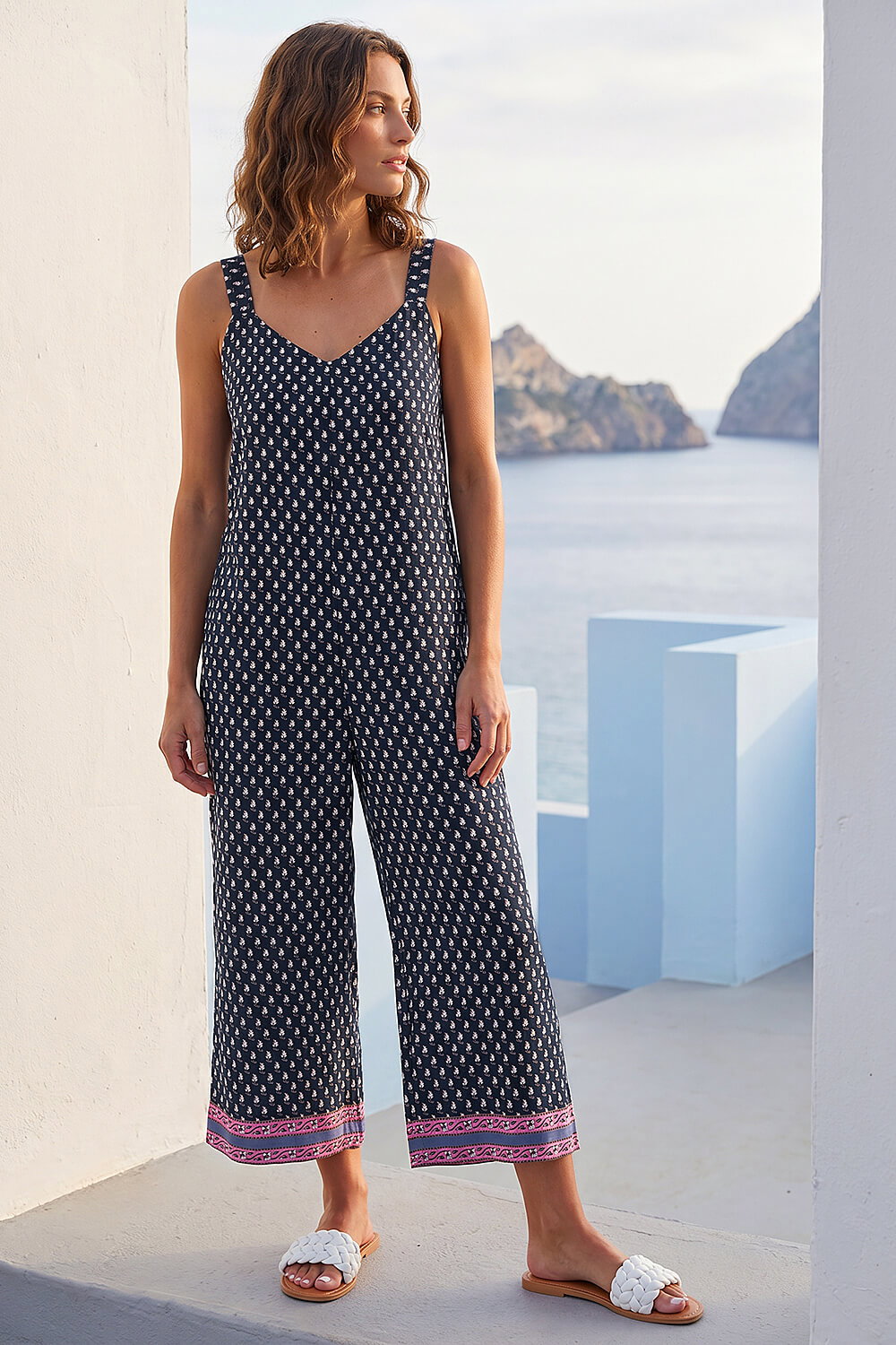 Petite Border Print Cropped Jumpsuit