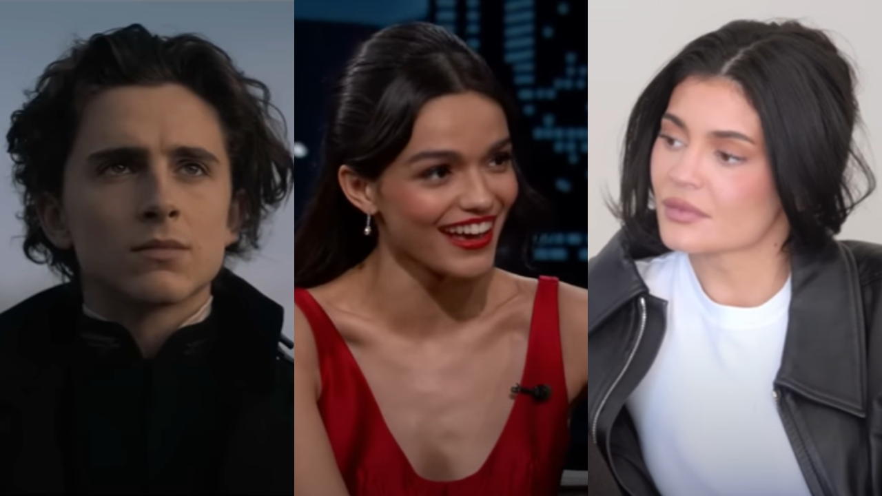 From left to right: Timothée Chalamet in Dune, Rachel Zegler on Jimmy Kimmel Live and Kylie Jenner on The Kardashians. 