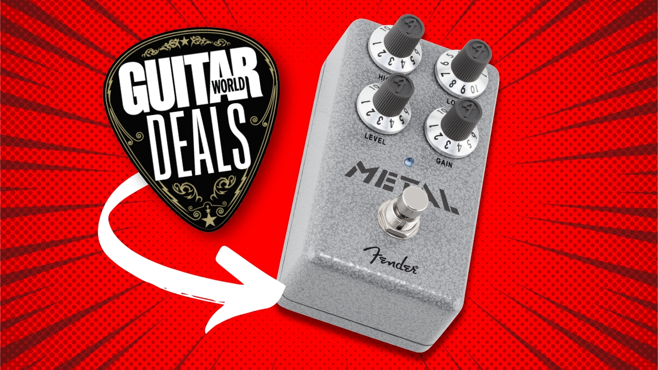 A Fender Hammertone Metal guitar pedal on a red background with the Guitar World deals logo