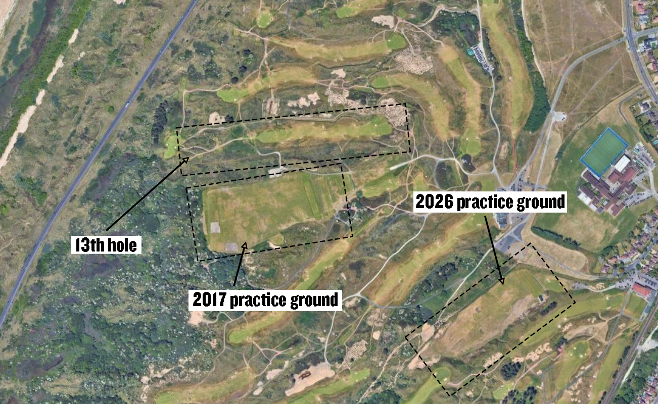 A Google Map that has been annotated to show where the new practice ground at Royal Birkdale is located for the 2026 Open