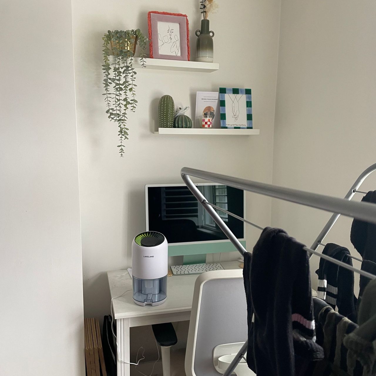 Lakeland dehumidifier on an office desk with shelves above it