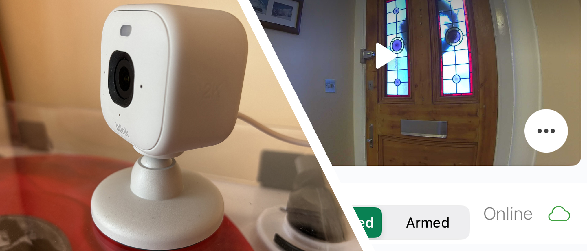 Split image of Blink Mini 2 security camera and footage recorded using the camera