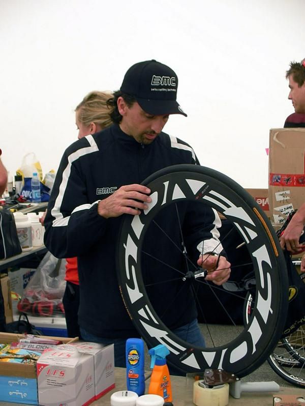 BMC directeur sportif Fabio Baldato studies the Easton deep section rims.