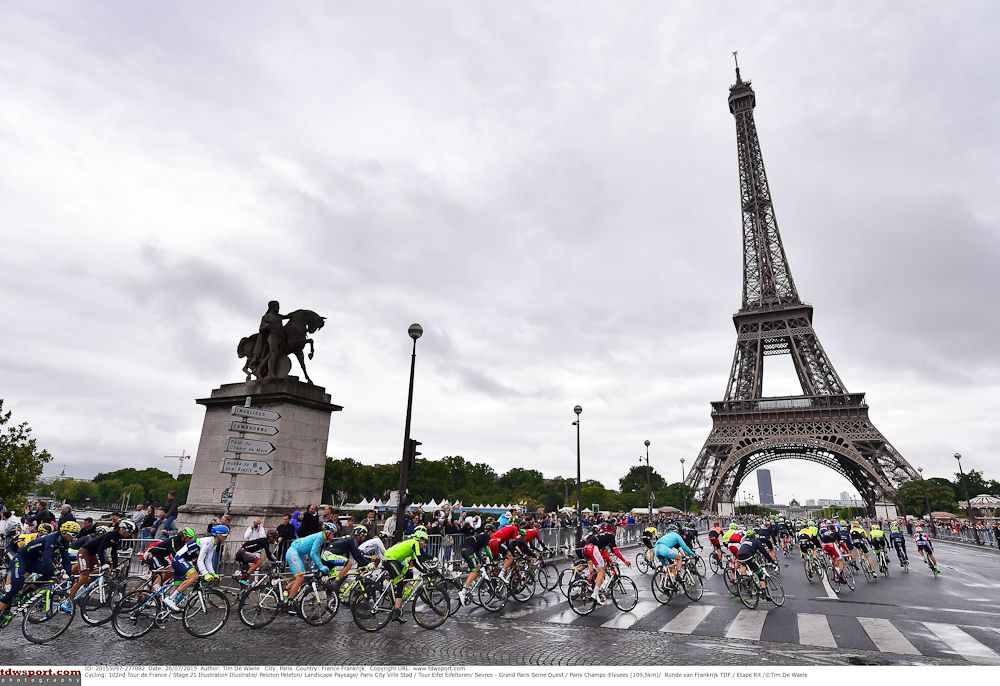 The peloton rolls past the Eiffel Tower during the final stage of the 2015 Tour de France