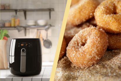 A collage of an air fryer and cinnamon doughnuts