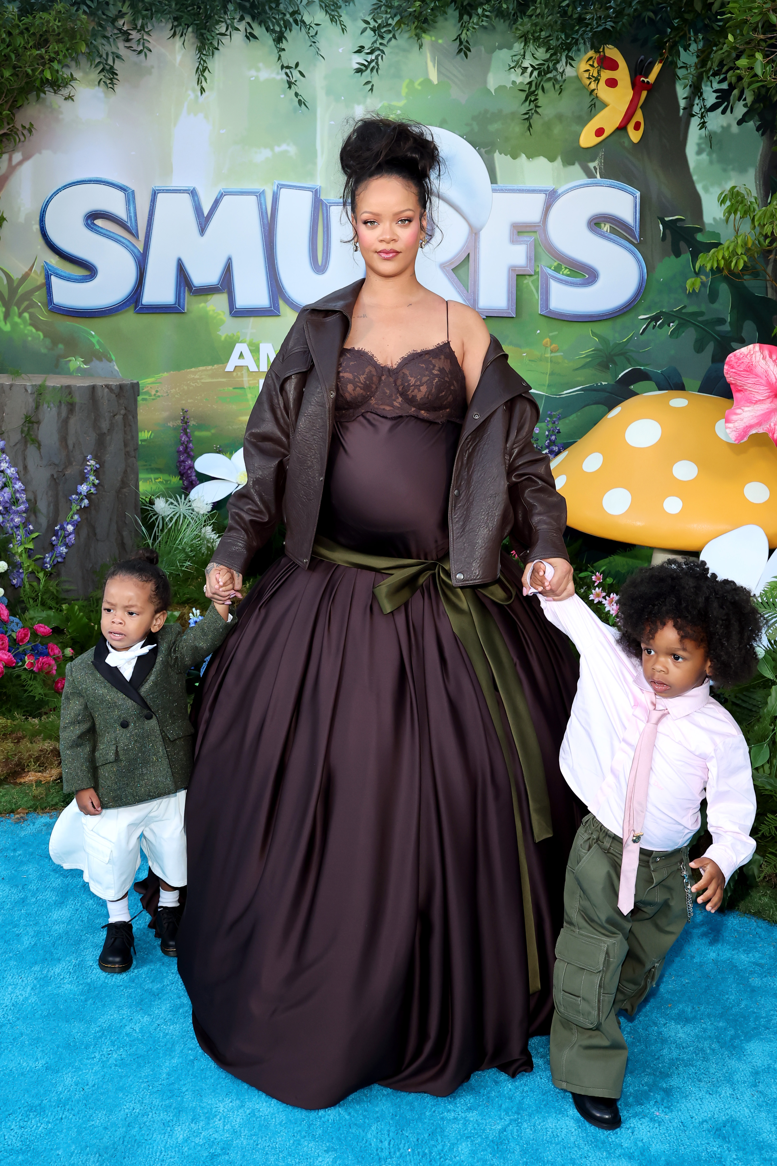Rihanna wore a brown Saint Laurent Fall 2025 ballgown to the Smurfs premiere in LA
