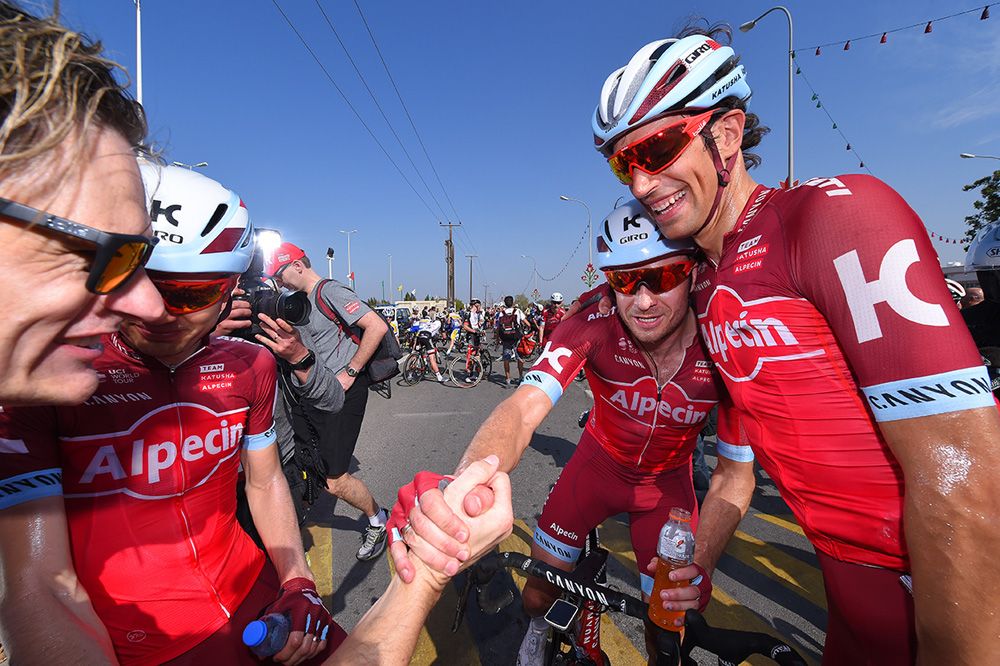 Alexander Kristoff and his Katusha-Alpecin teammates celebrate victory