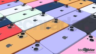 Datagenererte bilder av iPhone 13 i en rekke forskjellige farger, inkludert rosa, blå og rød