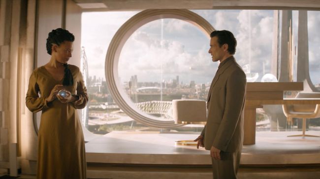 From left: Nina Sosanya as Mustafa Mond and Ed Stoppard as The Director in Peacock&#039;s &#039;Brave New World&#039;